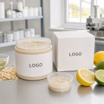 Private label AHA smoothing body scrub jar and carton with LOGO placeholder