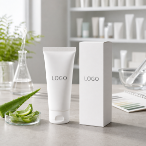 Private label aloe hand cream tube and carton with LOGO placeholder on a factory sample table