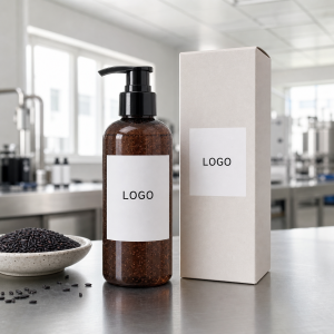 Private label black rice gel cleanser pump bottle and carton with LOGO placeholder on a factory sample table