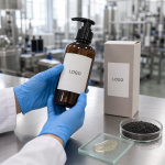 Factory QC sample review of black rice gel cleanser pump bottle label fit carton sample and gel texture