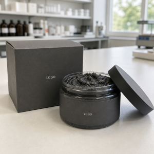 Private label coconut charcoal underarm scrub jar and carton with LOGO placeholder