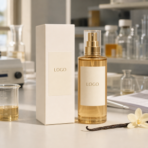 Private label golden vanilla body fragrance mist spray bottle and carton with LOGO placeholder on a factory sample table