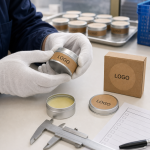 Factory QC sample review for private label cedar pine solid cologne tin label and carton