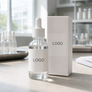 Private label hyaluronic acid serum sample bottle and box for OEM skincare buyers