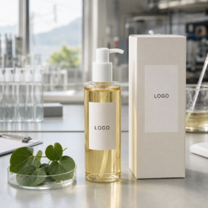 Private label heartleaf cleansing oil pump bottle and carton with LOGO placeholder on a factory sample table