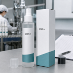 Private label men's cooling body spray bottle and carton with LOGO placeholder on a factory sample table