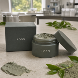 Private label men's green tea clay mask jar and carton with LOGO placeholder on a factory sample table