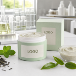 Private label mint green tea underarm scrub jar and carton with LOGO placeholder