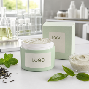 Private label mint green tea underarm scrub jar and carton with LOGO placeholder