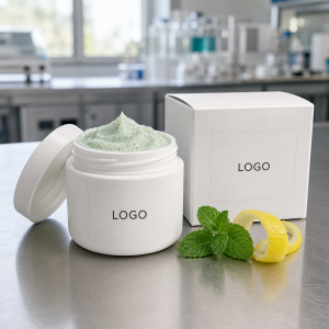 Private label mint lemon underarm scrub jar and outer box with LOGO placeholder