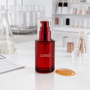 Private label NAD+ astaxanthin serum sample with LOGO placeholder on a factory review table