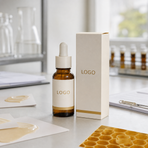 Private label propolis comfort ampoule serum dropper bottle and carton with LOGO placeholder on a factory sample table