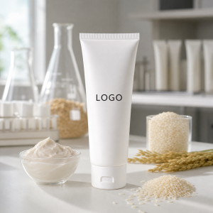 Private label rice ceramide collagen facial mask jar with LOGO placeholder on a factory sample table