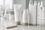 Private label soft-focus hydrating primer tube pump bottle and carton with LOGO placeholder on a factory sample table