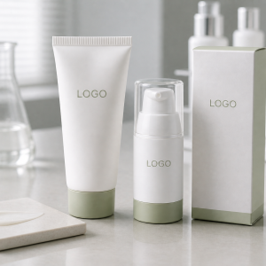 Private label soft-focus hydrating primer tube pump bottle and carton with LOGO placeholder on a factory sample table