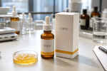 Private label turmeric radiance ampoule serum bottle and carton with LOGO placeholder on a factory sample table