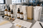 Custom amber dropper bottles cartons label swatches caps and refill pouch for turmeric radiance serum OEM buyers