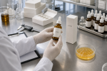Factory QC sample review of turmeric radiance ampoule serum bottle label carton and golden texture sample