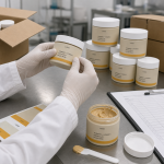 Factory QC label and texture check for turmeric vitamin C kaolin clay facial mask OEM project